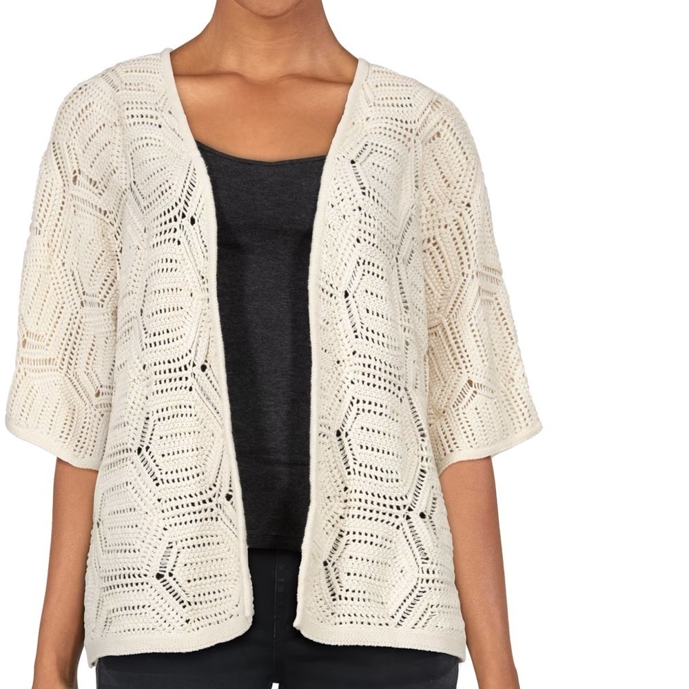 BOB TIMBERLAKE OPEN CROCHET SHORT SLEEVE Elegant Cream Cardigan SIZE M/L